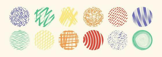 Colorful abstract circle shapes with loop, drops, spots, curves, lines and waves in trendy retro style. Hand drawn doodle elements. Vector illustration with wavy and spiral elements