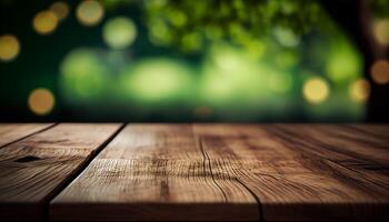 Wooden table with a defocused image nature background, Empty wooden table top on blurred background, 3d wooden table looking out to leaves and defocused landscape photo