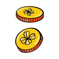 Hand drawn golden coins. Saint Patricks Day. Cartoon old coins. Isolated on white vector illustration.