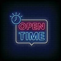 Neon Sign open time with brick wall background vector