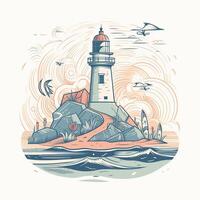 A charming light house nestled on a sandy beach photo