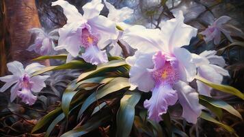 Cattleya wall art, Cattleya Orchid in Tropical Garden Canvas Wall Art for Living Room Paintings Home Decor Modern Artwork Stretched and Framed Canvas, Ai Generated photo