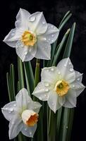 narcisos, blanco narcisos, gotas de rocío, oscuro fondo, ai generado foto