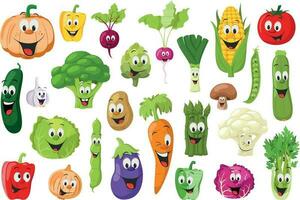 Vegetables Characters Collection. Set of 26 different vegetables in cartoon style Vector illustration