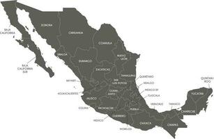Vector map of Mexico with regions or or states and administrative divisions. Editable and clearly labeled layers.