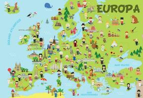 Funny cartoon map of Europe in spanish with childrens of different nationalities, monuments, animals and objects of all the countries. Vector illustration for preschool education and kids design.