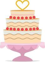 Wedding cake with a heart shape on top and a pink tray. Wedding icon concept Vector illustration