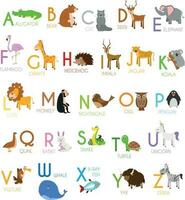 Cute cartoon zoo illustrated alphabet with funny animals. English alphabet. Learn to read. Isolated Vector illustration.