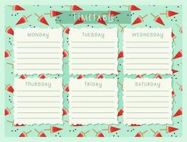 Back to school Timetable with pattern watermelon. Classroom timetable. Plan note education. Planner, table class, template. vector