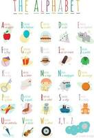 Cute cartoon illustrated alphabet with names and objects. English alphabet. Learn to read. Isolated Vector illustration.