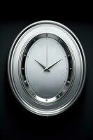 3D Render of Oval Shape Silver Wall Clock On Black Background. photo