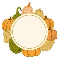 Autumn squashes round frame. Vector illustration.