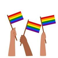 Hands holding Pride flags illustration. Vector drawing of LGBT support.