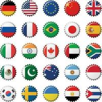 Set of 25 flags world top countries on bottle caps. Vector Illustration