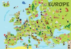 gracioso dibujos animados mapa de Europa con para niños de diferente nacionalidades, representante monumentos, animales y objetos de todas el países. vector ilustración para preescolar educación y niños diseño.