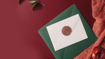 Top View of Golden Seal on Invitation Card with Rose Flower and Peach Net Fabric on Red Background. Illustration. photo