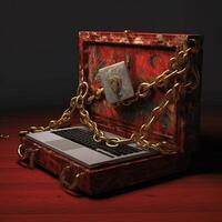 Realistic Laptop Keyboard inside Rustic Open Suitcase Bound in Golden Chain. Technology. photo