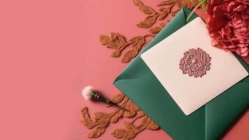 Top View of Elegant Invitation Card Envelope and Floral Design on Pastel Red Background, Illustration. photo