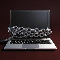 Sleek Laptop Bound with Silver Chain Against Burnt Red Background, Locked System. . photo