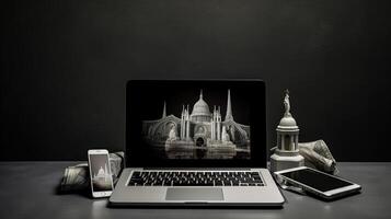 Multimedia Smart Device as Laptop, Smartphone, Tablet with Screen of Dome Building Image on Gray Background. . photo