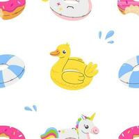 Seamless pattern with rubber rings unicorn, duck, donut on a white background in cartoon flat style. Vector summer illustration background.