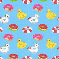Seamless pattern with rubber rings unicorn, duck, donut, watermelon in the pool in cartoon flat style. Vector summer illustration background.