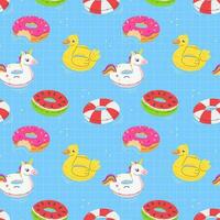 Seamless pattern with rubber rings unicorn, duck, donut, watermelon in the pool in cartoon flat style. Vector summer illustration background.