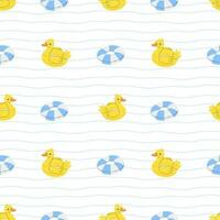 Seamless pattern with rubber rings duck on a white background in cartoon flat style. Vector summer illustration background.