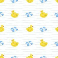 Seamless pattern with rubber rings duck on a white background in cartoon flat style. Vector summer illustration background.