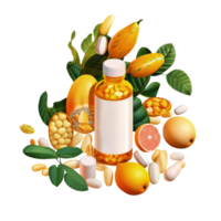 Vitamins and Minerals Pills with Grains and Fruits on Png Background.