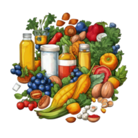Aufkleber Stil gesund Essen Bündel von Obst und Gemüse und Flüssigkeit Krug auf transparent Hintergrund. png