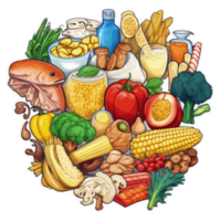 Sticker Style Healthy Food Bunch of Meat, Vegetable, Grains and Juice on Png Background.