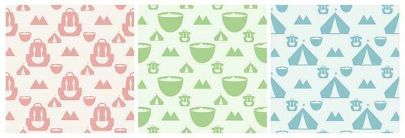 Set of Summer Camp Seamless Pattern Design of Camping and Traveling in Template Hand Drawn Cartoon Flat Illustration vector