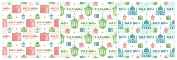 Set of Happy Eid Al Adha Mubarak Seamless Pattern of Muslims Celebration with Sacrificial Animals in Template Hand Drawn Cartoon Flat Illustration vector