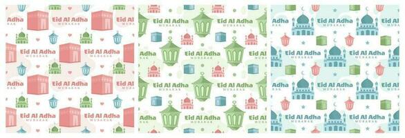 Set of Happy Eid Al Adha Mubarak Seamless Pattern of Muslims Celebration with Sacrificial Animals in Template Hand Drawn Cartoon Flat Illustration vector