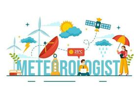 meteorólogo vector ilustración con clima pronóstico y atmosférico precipitación mapa en plano dibujos animados mano dibujado aterrizaje página plantillas