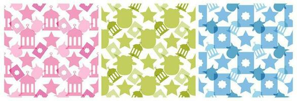 Set of Happy Eid Al Adha Mubarak Seamless Pattern of Muslims Celebration with Sacrificial Animals in Template Hand Drawn Cartoon Flat Illustration vector