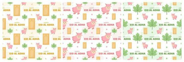 Set of Happy Eid Al Adha Mubarak Seamless Pattern of Muslims Celebration with Sacrificial Animals in Template Hand Drawn Cartoon Flat Illustration vector