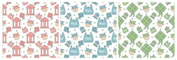 Set of Happy Eid Al Adha Mubarak Seamless Pattern of Muslims Celebration with Sacrificial Animals in Template Hand Drawn Cartoon Flat Illustration vector