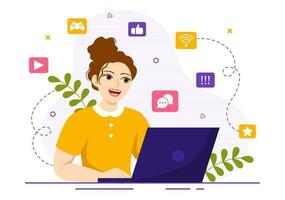 Internet Addiction Vector Illustration with Young People Addicted to Using Devices Such as Laptop or Smartphone in Flat Cartoon Hand Drawn Templates