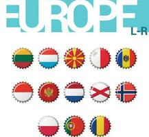 Set of 13 bottlecap flags of Europe. Set 3 of 4. Vector Illustration. Lithuania, Luxembourg, Macedonia, Malta, Moldova, Monaco, Montenegro, Netherlands, N. Ireland, Norway, Poland, Portugal, Romania.