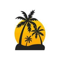 sunsets, beach and palm tree. style 80s, and 90s. Abstract background with a sunny gradient. Silhouettes of palm trees. Vector design template for logo, badges. Isolated white background.