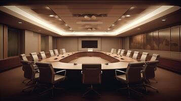 Modern Board Room with a Large Conference Table Surrounded by Comfortable Chairs for Govt Office, Corporate Office. Created by Technology. photo