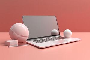 Sleek Laptop Mockup with Geometric Elements on Peach Background, Technology. photo