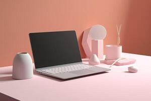 Notebook Computer or Laptop Mockup and Geometric Objects on Pink Desk. Technology. photo