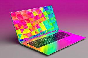 Colorful Geometric Art Screen of Notebook Computer or Laptop on Pink and Gray Background. Technology. photo