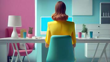 Back View of Female Working on Workplace with Desktop in Office Interior. . photo