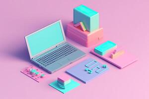 Professional Laptop Mockup and Geometric Objects, Trendy Background, High-Quality and Realistic for Effective Marketing. Technology. photo