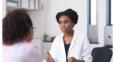 Cropped Image of African Female Doctor Talking to Her Patient in Hospital Cabin or Clinic. . photo