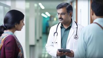 retrato de profesional masculino médico hablando a su paciente en hospital corredor. generativo ai. foto